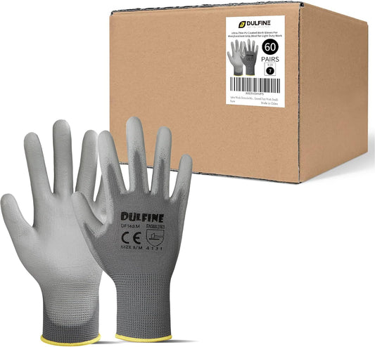 DULFINE Safety Work Gloves for Men PU Coated 60 Pairs Bulk Pack,Grey Yellow Seamless Knit Glove with thin Polyurethane Coated Smooth Grip on Palm & Fingers,Ideal for General Duty Work (Small)