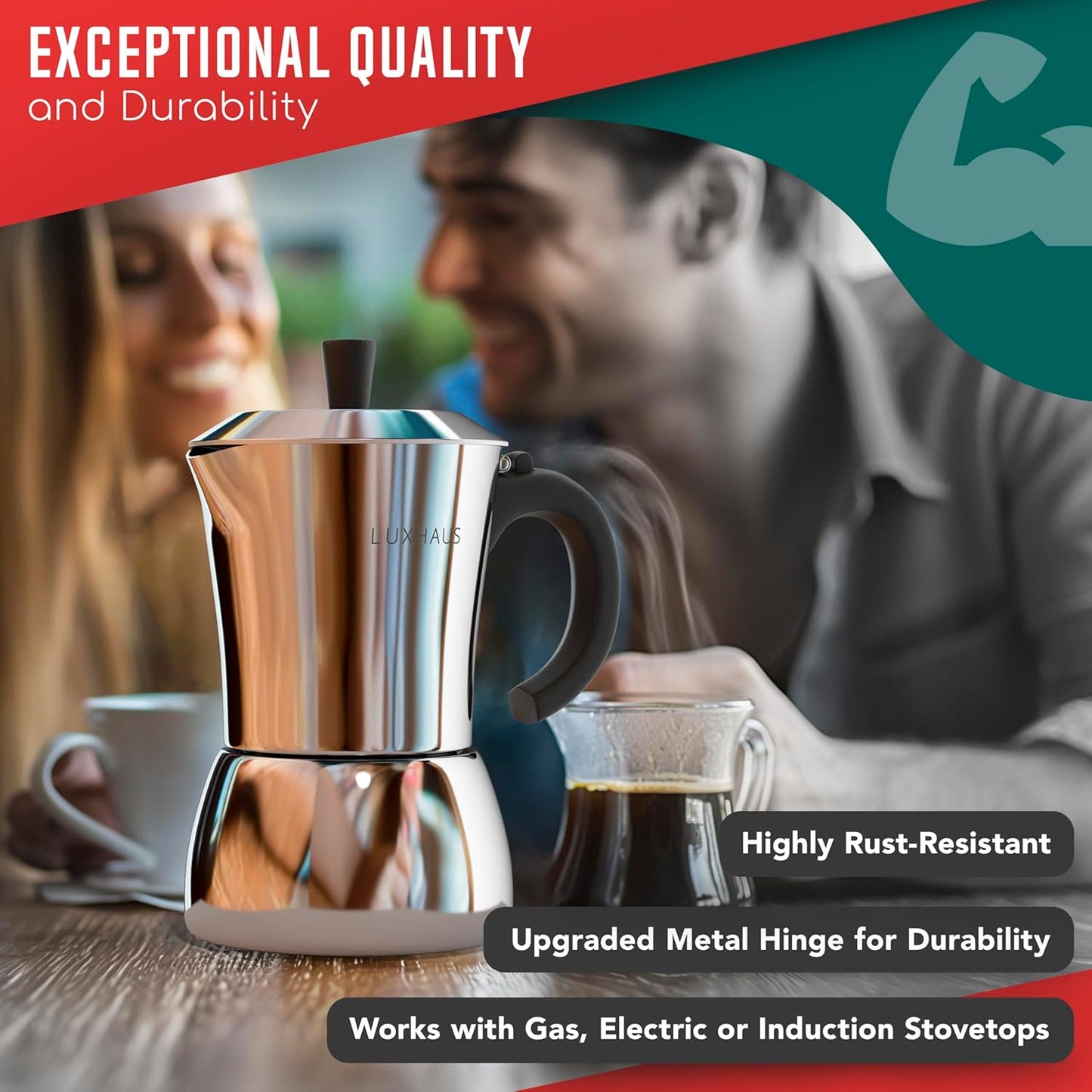 LuxHaus Moka Pot - 6 Cup Stovetop Espresso Coffee Maker - 100% Stainless Steel Italian and Cuban Mocha Coffee Maker