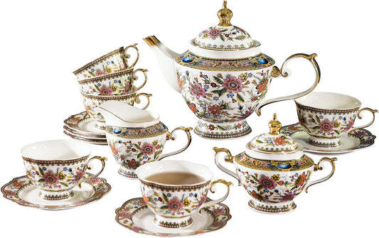 ACMLIFE Tea Set for Adults for 6, Blue and White Tea Set with Cups, Bone China Vintage Floral British English Tea Pot with Cups and Saucers for Women Party, Afternoon Service or Gift Giving (Pink)