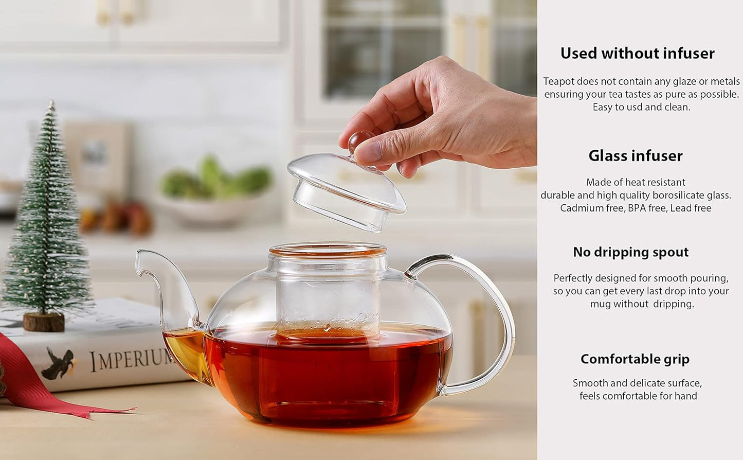 CNGLASS Glass Teapot Stovetop Safe,Clear Teapot with Removable Infuser 20.3 oz,Loose Leaf and Blooming Tea Maker