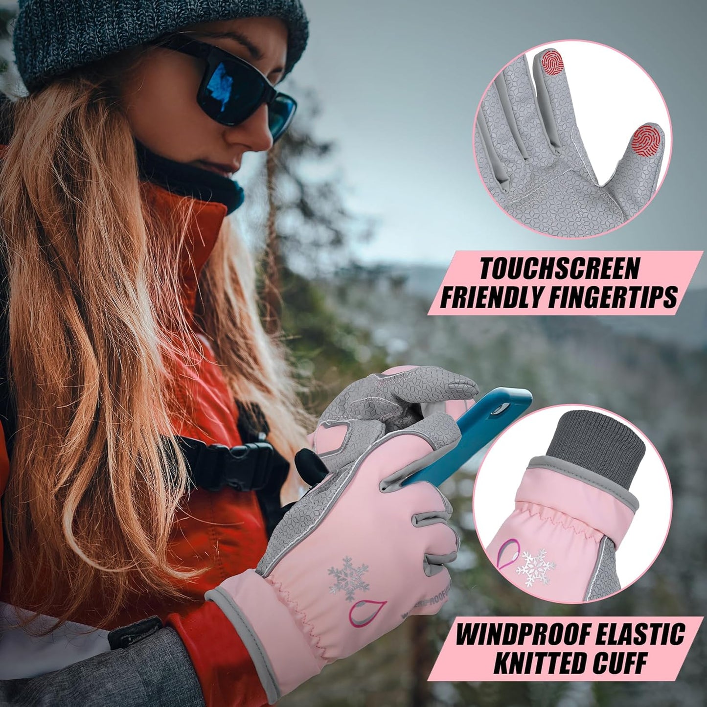 HANDLANDY Winter Insulated Work Gloves, 3M Thinsulate Thermal Water-Resistant Gloves for Men Women Touch Screen, Warm Ski Snowboard Cold Weather Gloves (Pink Grey, Small)