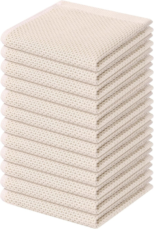 Kitinjoy 100% Cotton Kitchen Dish Cloths, 12 Pack Waffle Weave Ultra Soft Absorbent Dish Towels for Drying Dishes Quick Drying Kitchen Towels Dish Rags, 12 X 12Inch, Beige