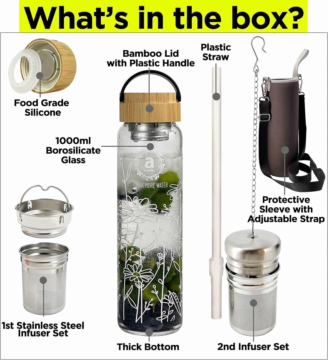 32oz Borosilicate Glass Water Bottle with Bamboo Lid and 2 Tea Infuser Sets for Fruit Infused Water and Cold Brew Coffee - Tea Strainer for Loose Leaf Tea (Flower)