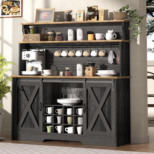 55'' Farmhouse Coffee Bar Cabinet with 3 Tier Storage Hutch, Coffee Bar Station with Sliding Barn Door, Hutch Storage Cabinet with 12 Wine Racks & 9 Hooks for Kitchen Dining Living Room