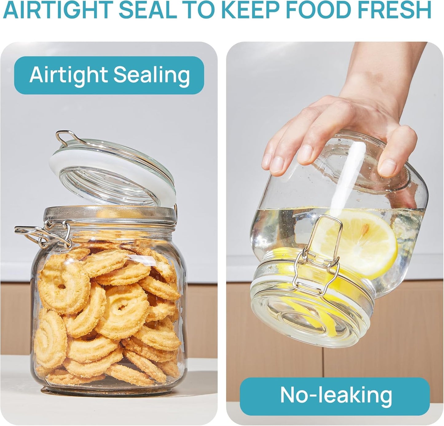 Vtopmart 34oz Glass Food Storage Jars with Airtight Clamp Lids, 3 Pack Kitchen Canisters for Flour, Cereal, Coffee, Pasta and Canning, Square Mason Jar with 8 Chalkboard Labels