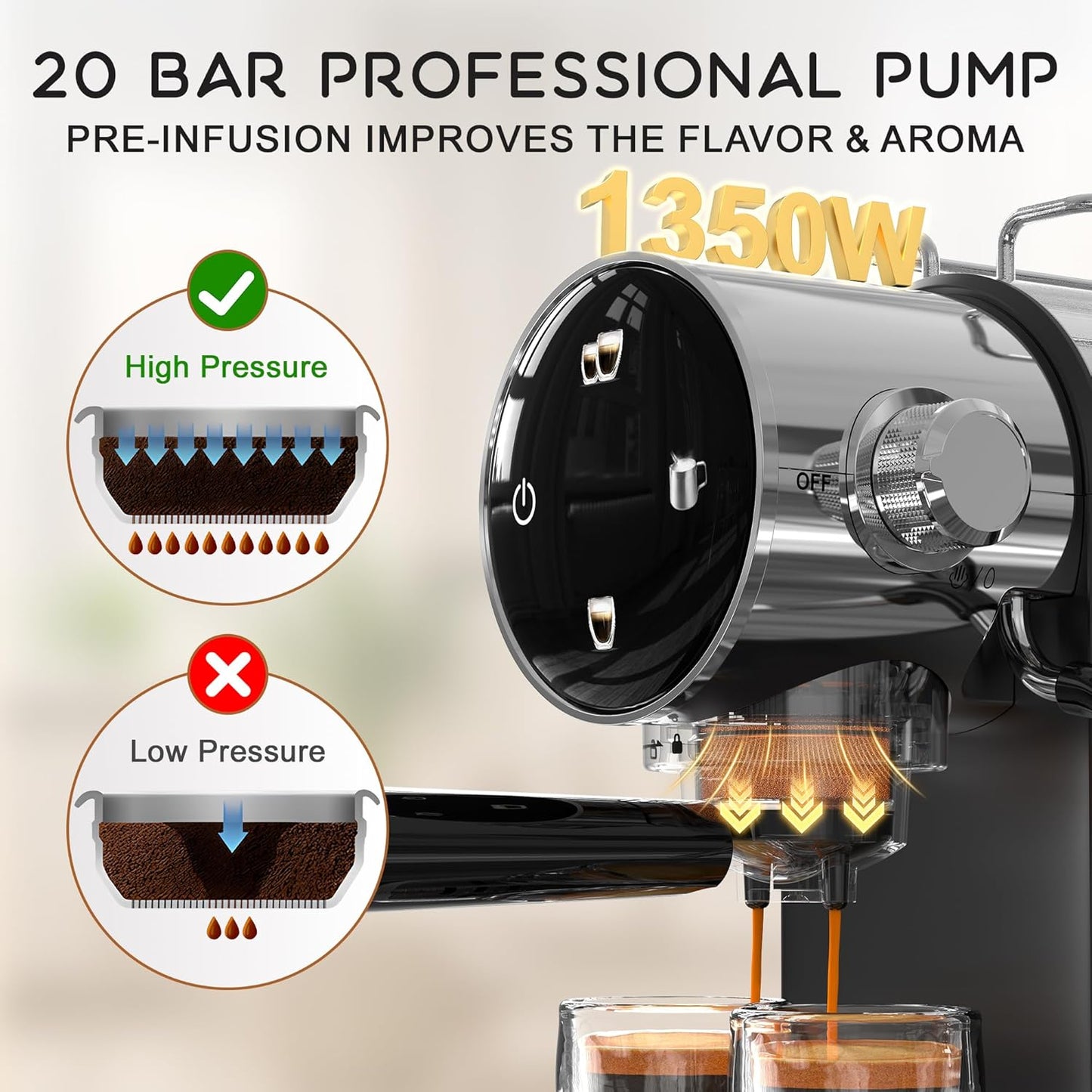 20 Bar Espresso Machine, Compact Espresso Maker with Milk Frother, Touchscreen Latte Maker with Detachable Drip Tray/Water Tank, Built-in Handle for Home and Office Use
