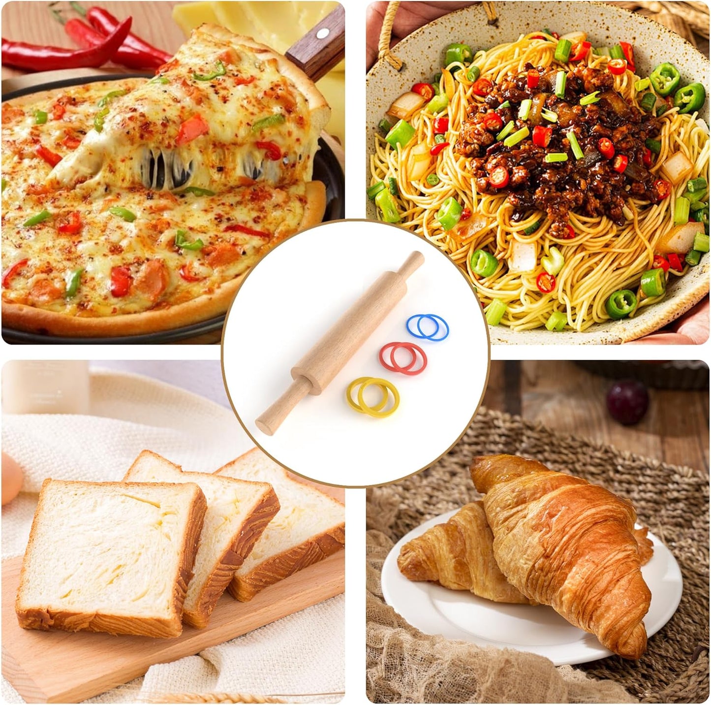 Classic Wooden Rolling Pin with Handle for Fondant, Pizza, Pies, Cookies, Pastries, Rolling Pin for Baking with 3 Multi-Color Thickness Rings, 17"x2.5" (Include handle) Beechwood Rolling Pin