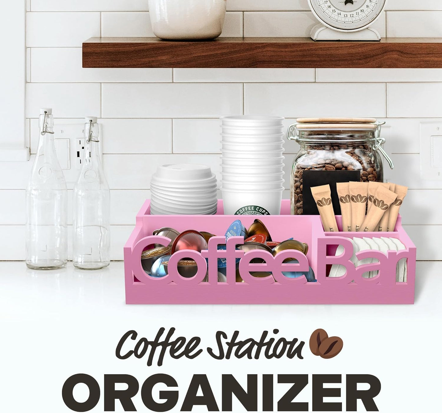 Coffee Bar Organizer - Wood Coffee Pods Holder Storage Basket, Essential Coffee Bar Accessories for Home and Office, Coffee and Tea Condiment Storage Organizer