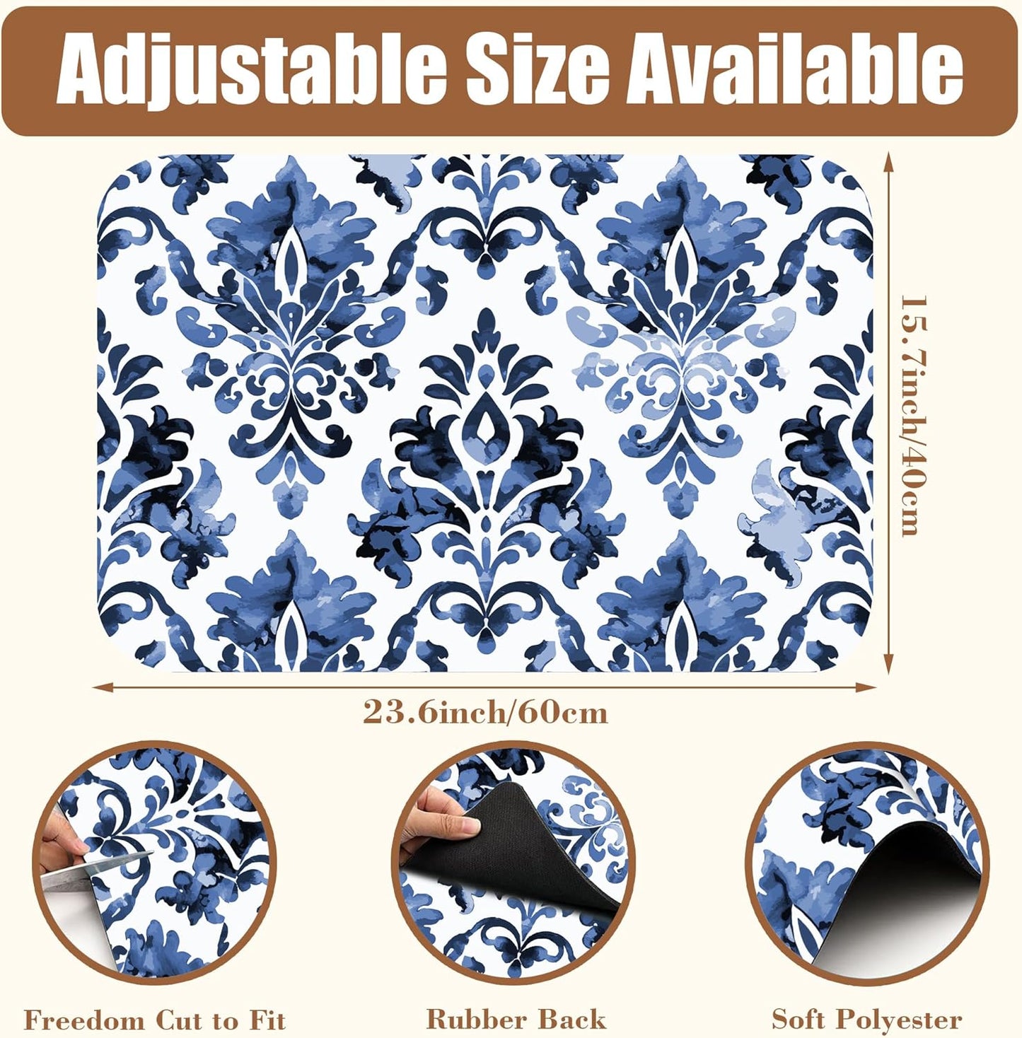 Blue Damask Flower Dish Drying Mat for Kitchen Counter Coffee Bar Mat Hide Stain Absorbent Rubber Backed Drying Rack Pad Espresso Machine Coffee Bar Accessories 15.7 x 23.6 Inch