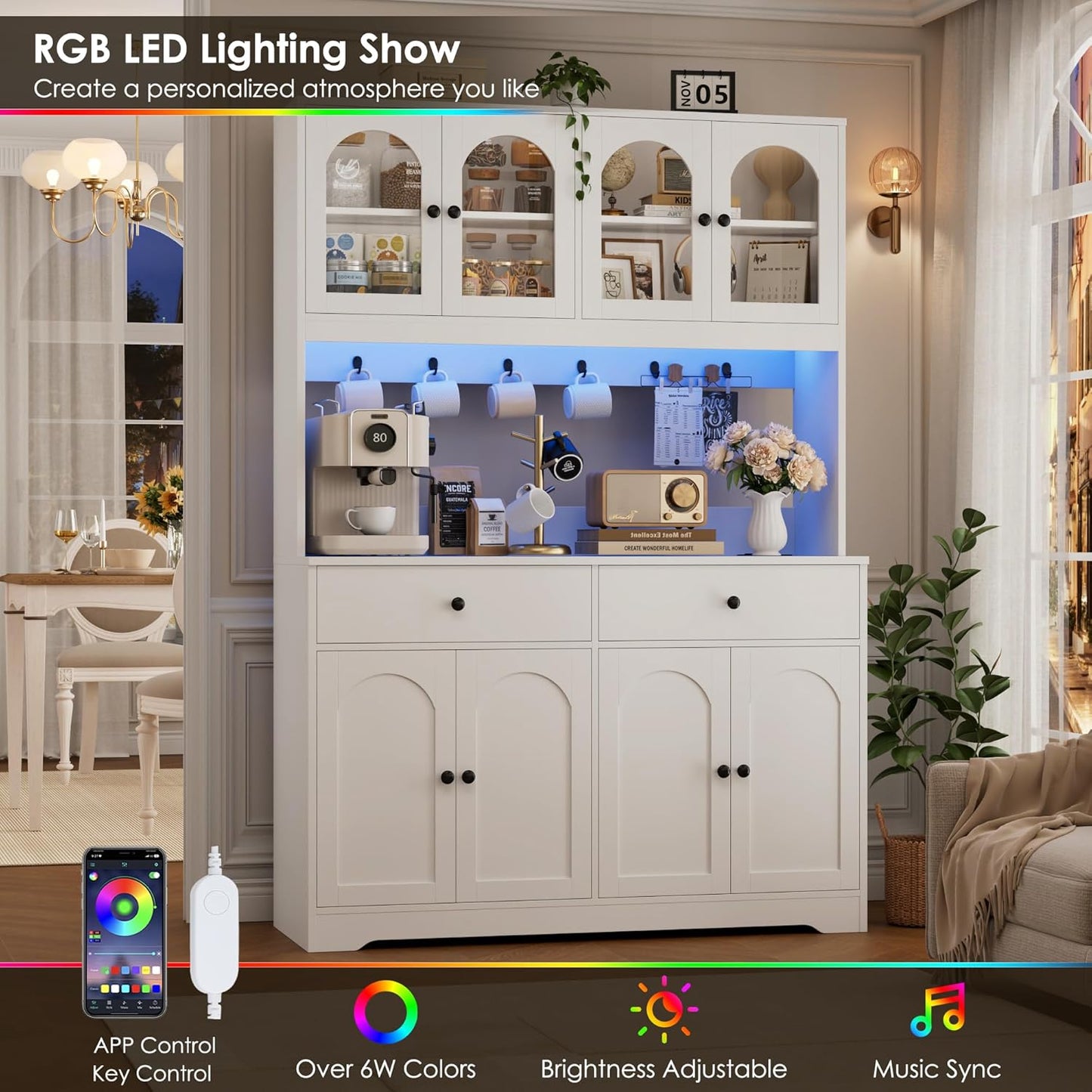 HIFIT 71" LED Kitchen Pantry Cabinet with Power Outlet, Large Kitchen Hutch Storage Cabinet with Arched Door & Shelves & 2 Drawers, Tall Modern Coffee Bar with Hutch for Home Dining Living Room, White