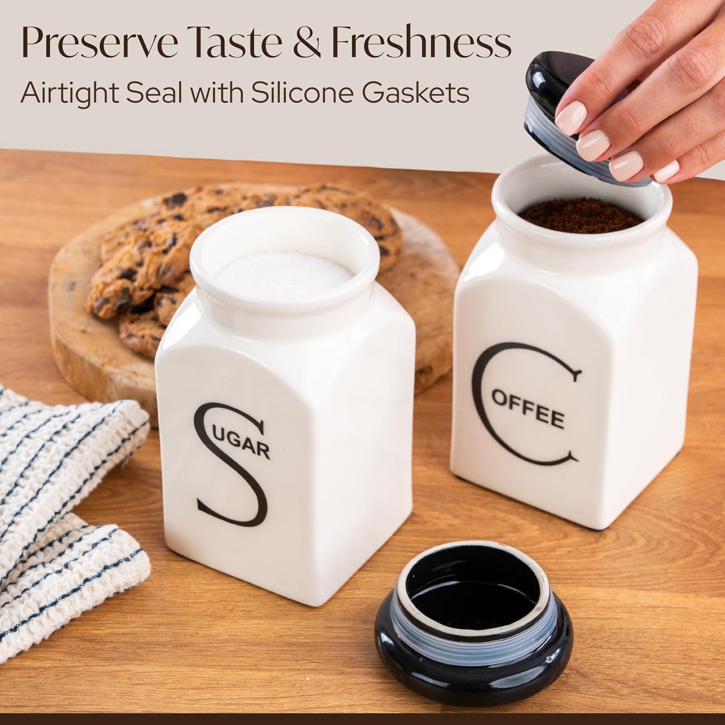 Ceramic Canister Set of 3 – Small Kitchen Canisters for Sugar, Coffee & Tea – Airtight Food Containers with Lids – Coffee Canister, Sugar Container, Tea Set