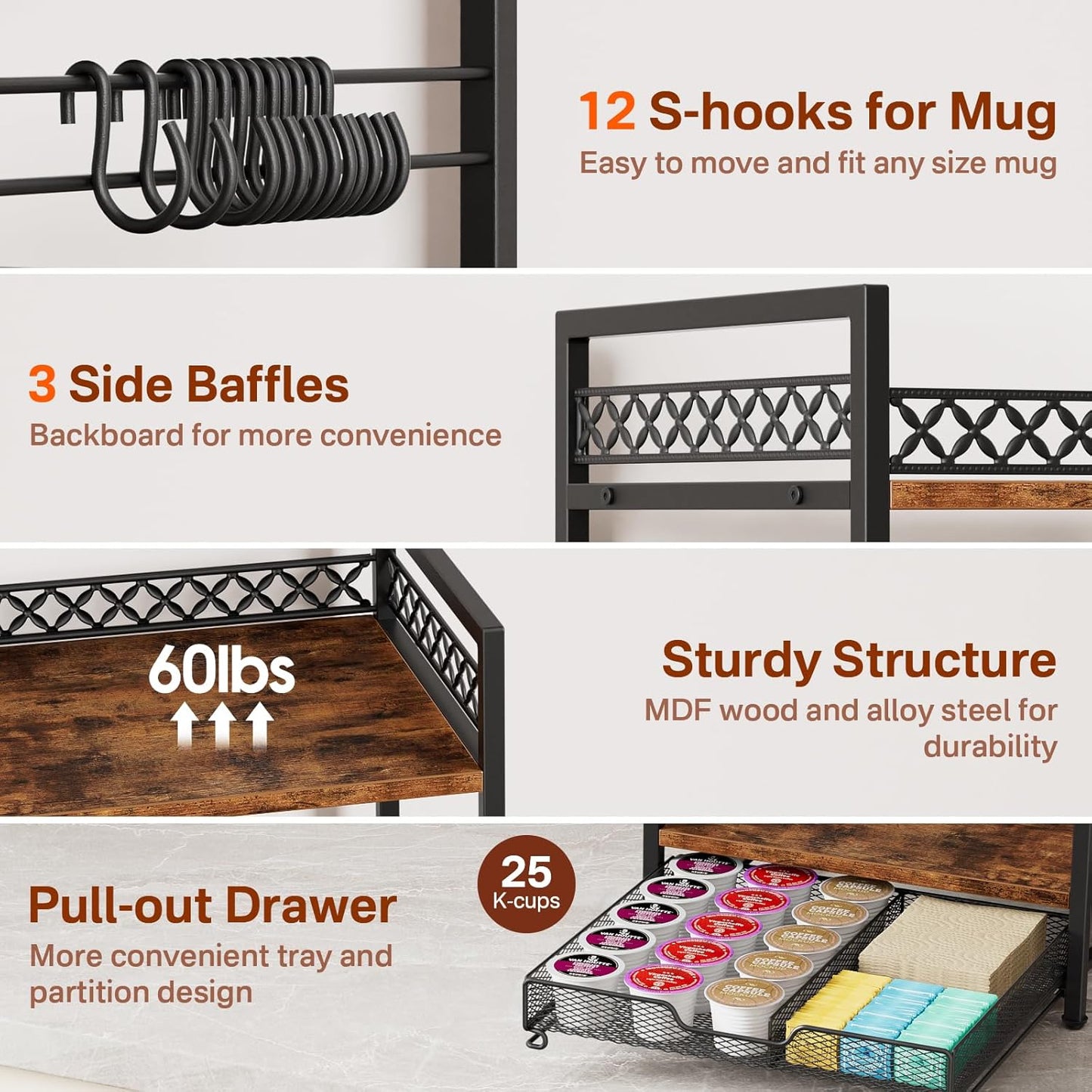 Coffee Bar Organizer Countertop, 3 Tier Mug Cup Holder Stand with 12 Hooks, 25 K Cup Coffee Pod Drawer with Mug Rack, Multifunctional Shelf for Accessories Kitchen (Black)