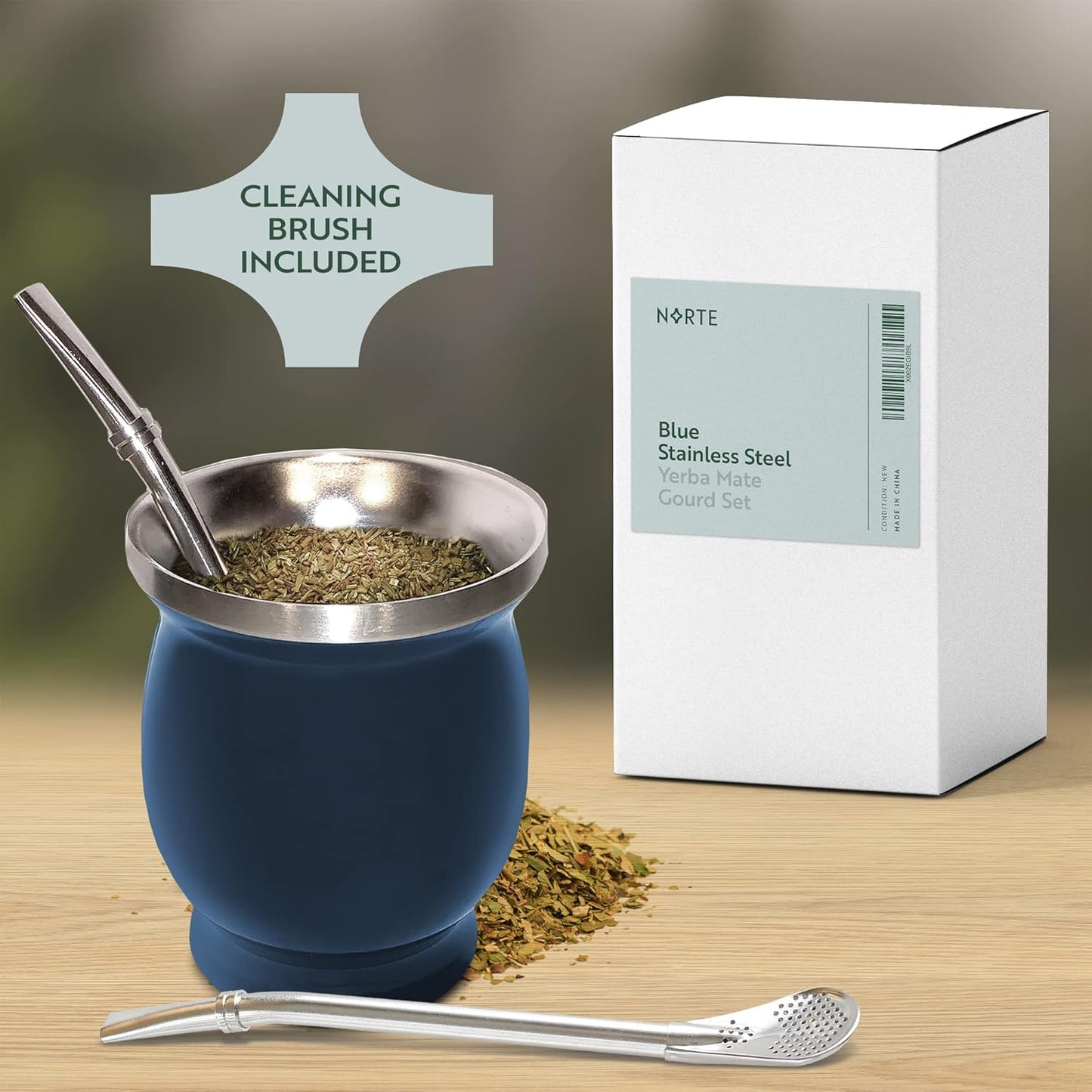 Norte Yerba Mate Cup Kit, 8-Ounces Traditional Mate Tea Cup/Gourd Set | Includes 2 Bombillas (Yerba Mate Straw) & Cleaning Brush, Stainless Steel Cup, Double-Walled, Easy to Clean | Blue