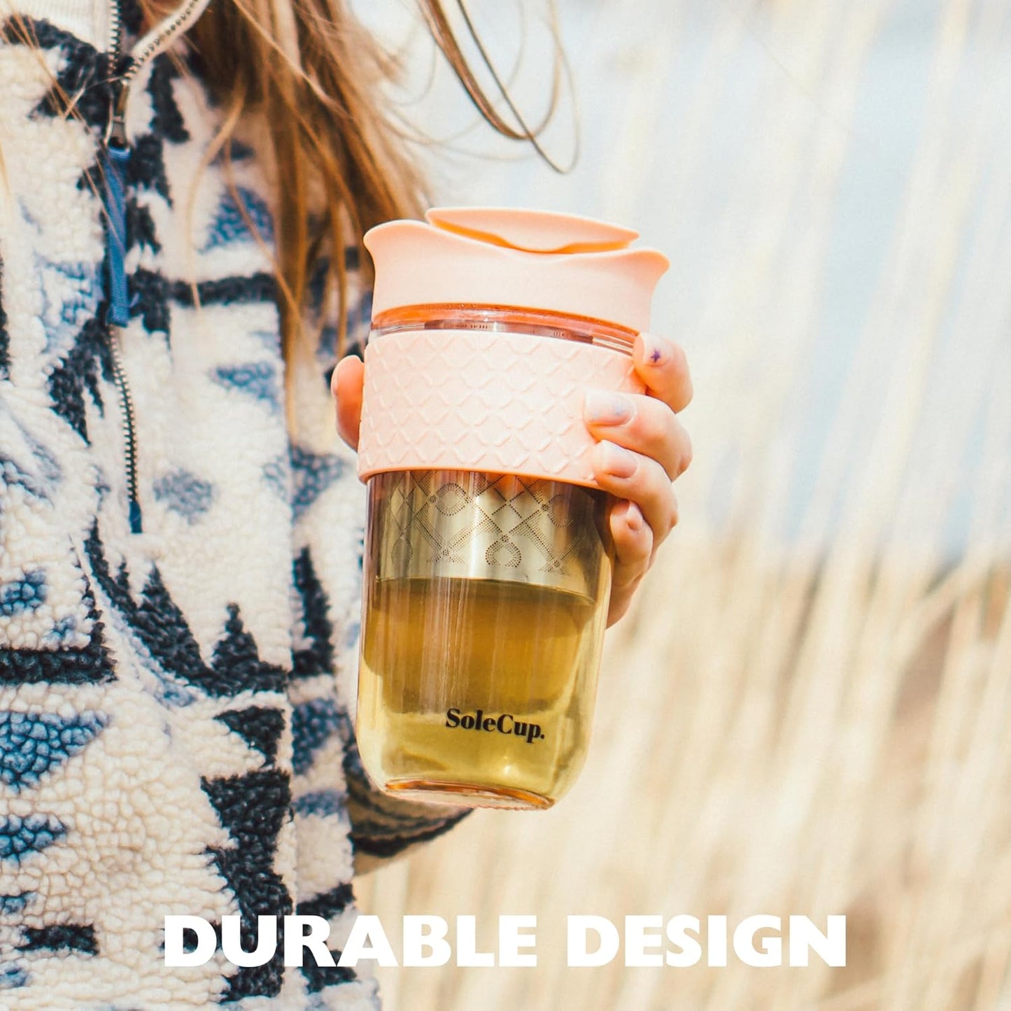 Large Travel Mug Loose Tea Infuser - Detachable Tea Strainer with Spill Proof Lid - 18oz/530ml BPA-Free Reusable Glass Travel Coffee Cup with Silicone Band (Pink) (Grey and Pink)