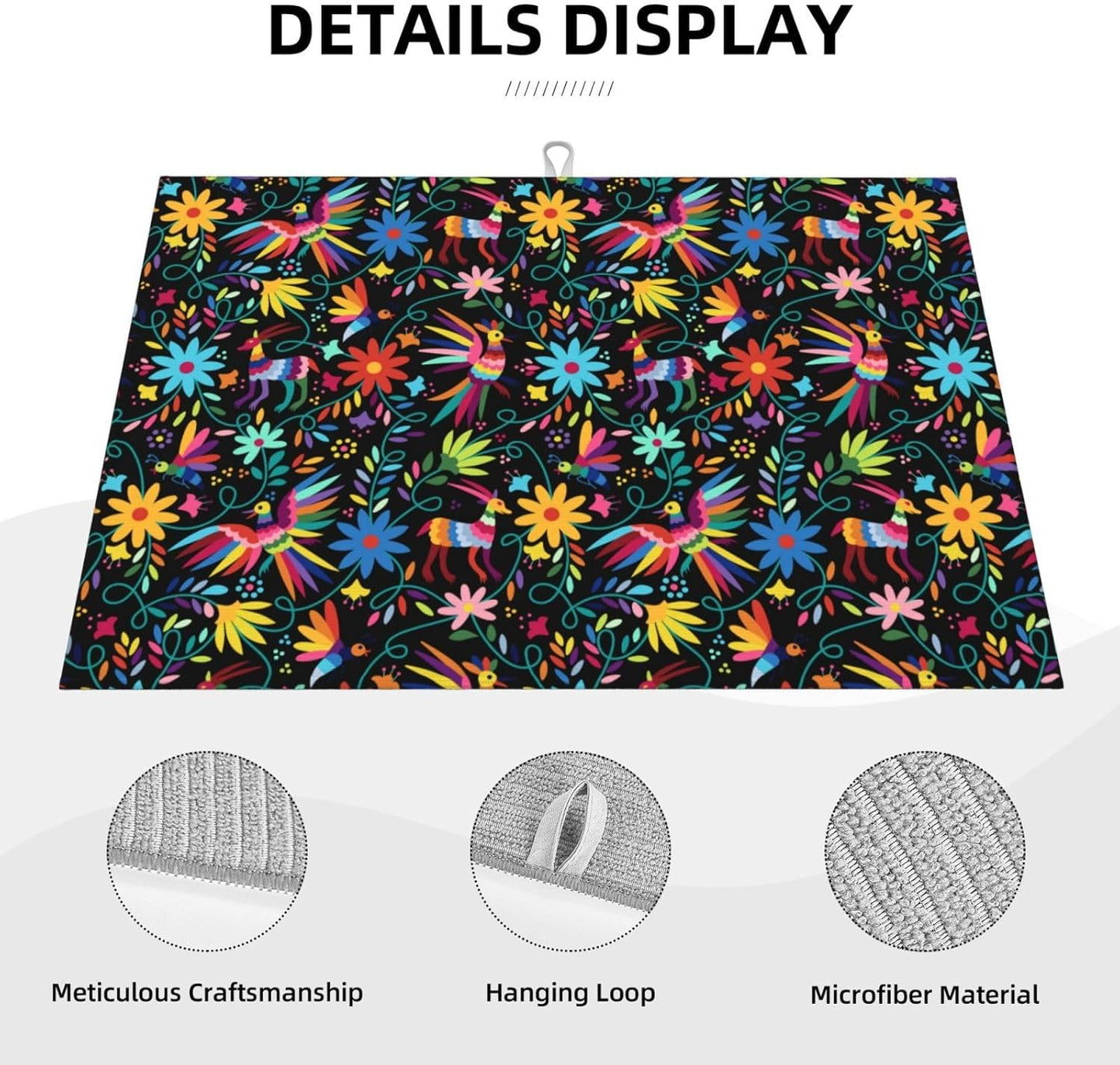 Mexican Colorful Bird and Floral Abstract Dish Drying Mats for Kitchen Counter, 18x24 inch Absorbent Decorative Microfiber Drying Pad, Anti-Slip & Absorption for Sink Small Appliances, Home Decor