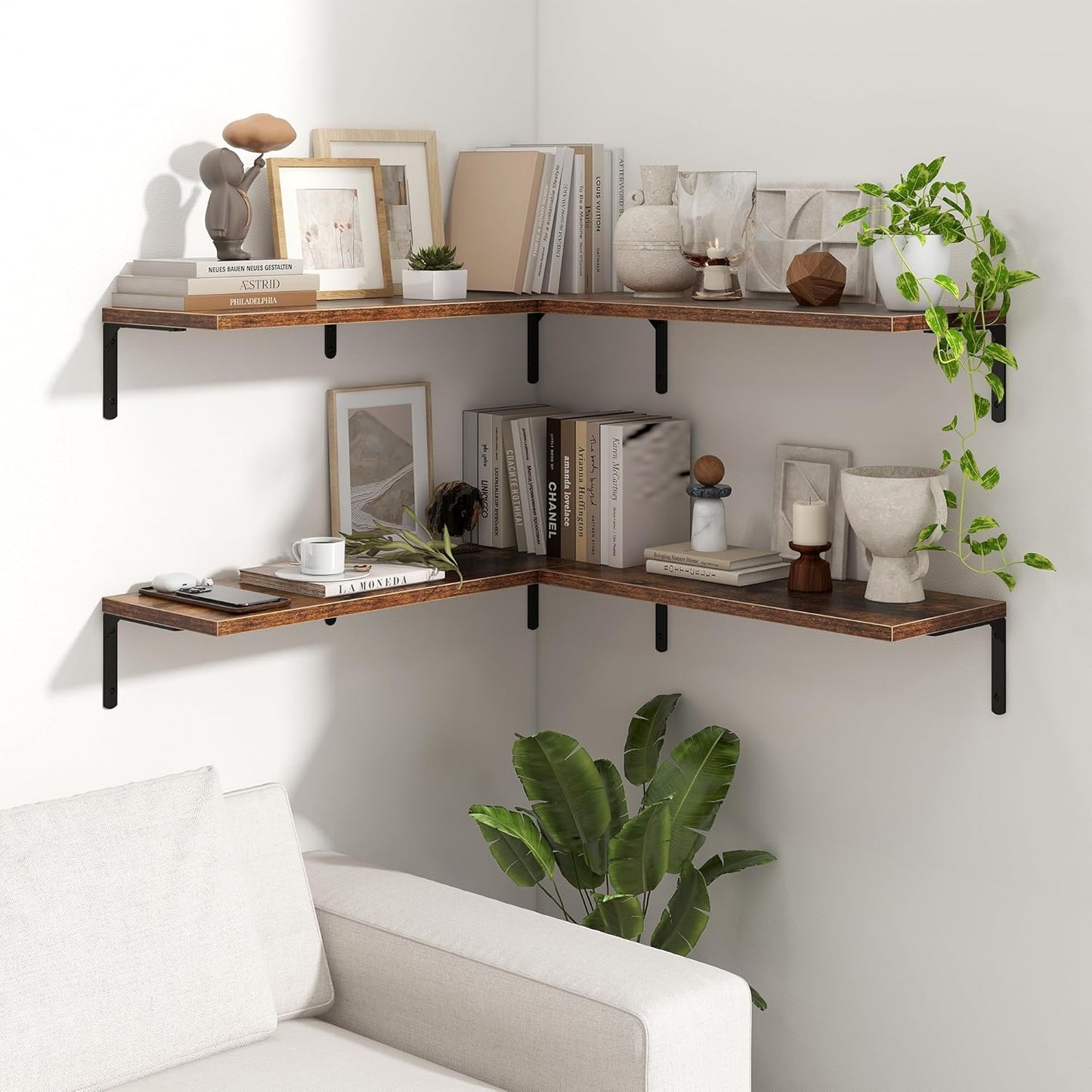 Fun Memories Deep Floating Shelves, 32W x 8D Floating Shelves Set of 2, Wall Mounted Shelf with Metal Brackets, Rustic Wood Wall Shelf for Bathroom, Kitchen and Living Room, Rustic Brown