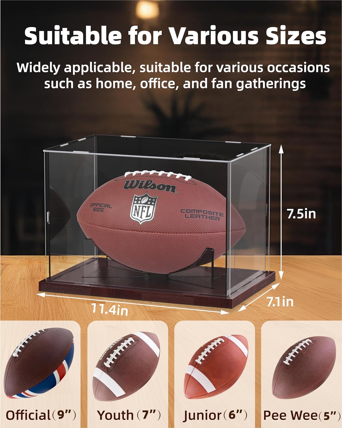 Football Display Case Acrylic Clear, Football Stand Holder Full Size with Solid Wood Base, UV Protected Football Display Box with Removable for Football Fans & Collectors, Memorabilia & Gift