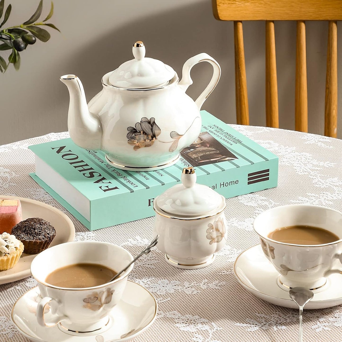 CHENP.HMC Porcelain Ceramic 22-Piece Tea Set, Teapot and Cup Set, 30.7 Ounces, for 6, Gift Sets, Tea or Coffee Lovers, Wedding, Birthday