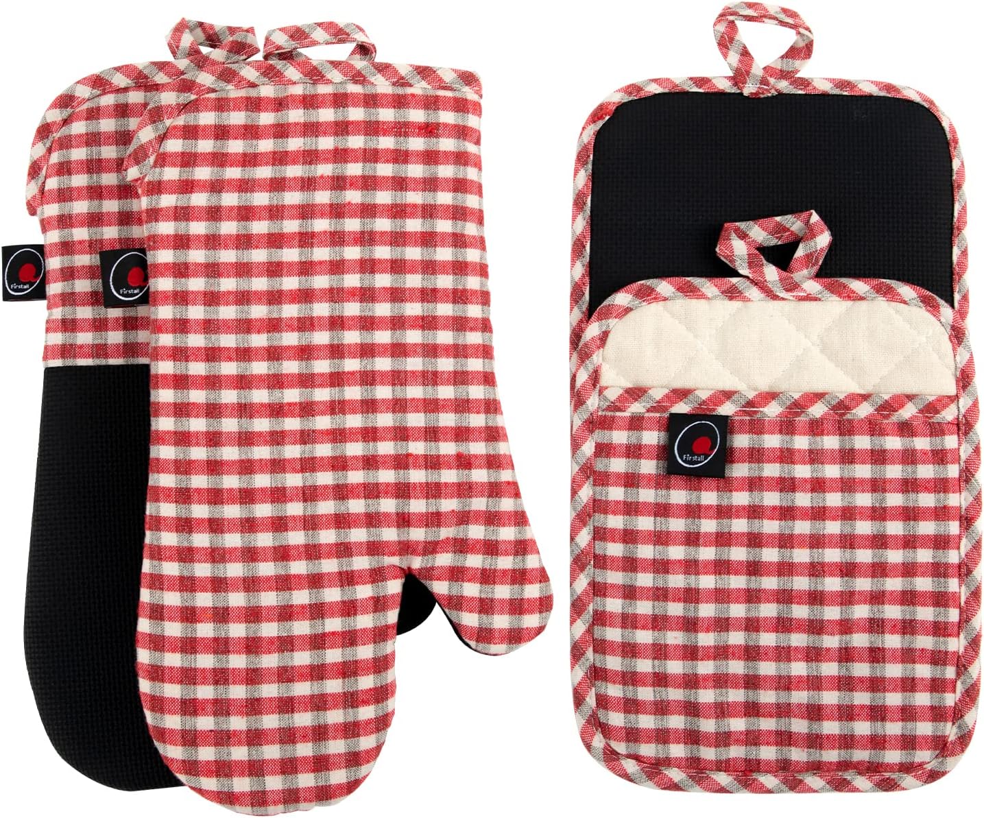 Oven Mitts and PotHolders Sets, 4 Pcs Kitchen Oven Glove High Heat Resistant 400°F Pot Holders for Kitchen, Non-Slip Neoprene Oven Mitts are Suitable for Cooking, Baking (Red Grid)