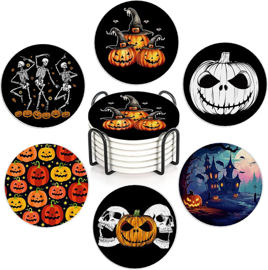 Coaster for Drinks Set of 6, Halloween Skeleton Skull Pumpkin Absorbing Round Ceramic Stone Coaster with Cork Base,Tabletop Protection Mat for Mugs and Cups,Coffee Table Wine Glass Home Bar 4 Inch