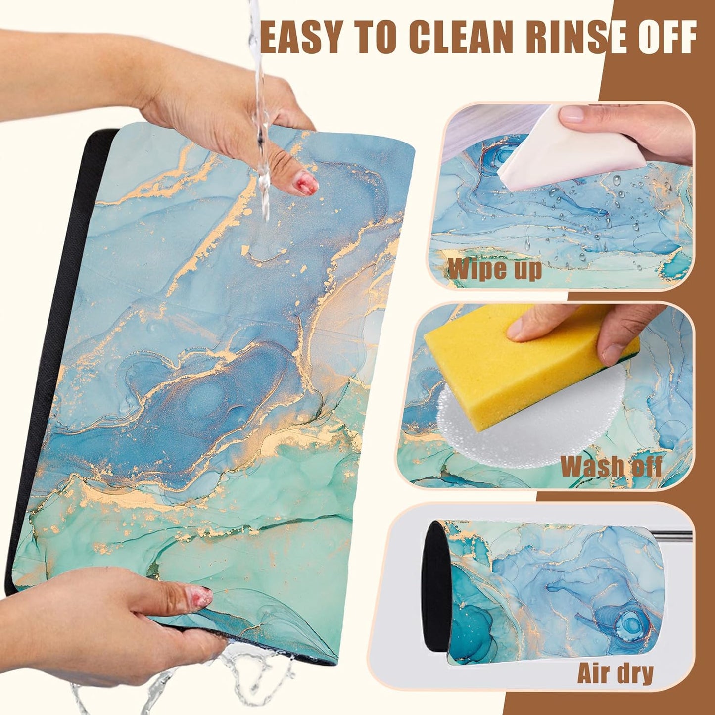 Turquoise and Blue Marble Coffee Mat Absorbent Dish Drying Mat for Kitchen Counter Hide Stain Rubber Backed Coffee Bar Accessories Fit Under Espresso Machine Cafe Table, 15.7 x 23.6 Inch