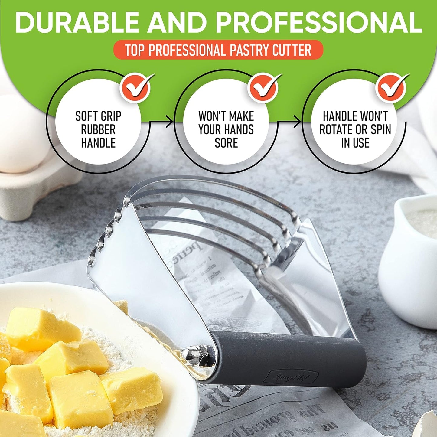 Spring Chef Large Gray Dough Blender For Baking, Heavy Duty Dough Cutter Tool, Stainless Steel Manual Pastry Cutter Tool with Sharp Blades, Dishwasher Safe Pastry Blender for Easy Mixing