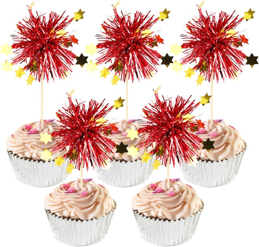 30 PCS Foil Firework Cupcake Toppers Happy Birthday Star Cupcake Picks Sparkle Tinsel Drink Stirrers Cocktail Fruit Toothpicks for Valentine's Day Wedding Birthday Party Decorations Supplies Red