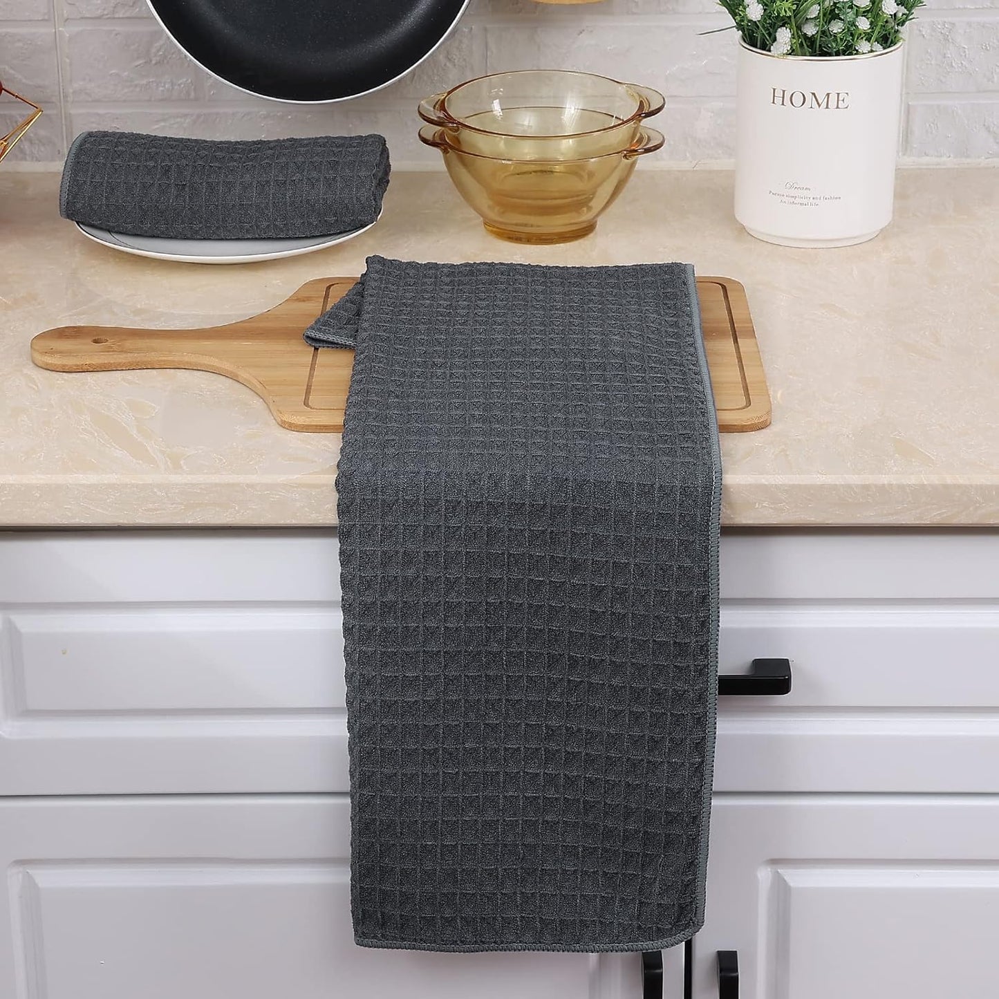 Homaxy Microfiber Waffle Weave Kitchen Towels, 16 x 28 Inch Ultra Absorbent and Solid Color Dish Towels, 4 Pack, Dark Grey