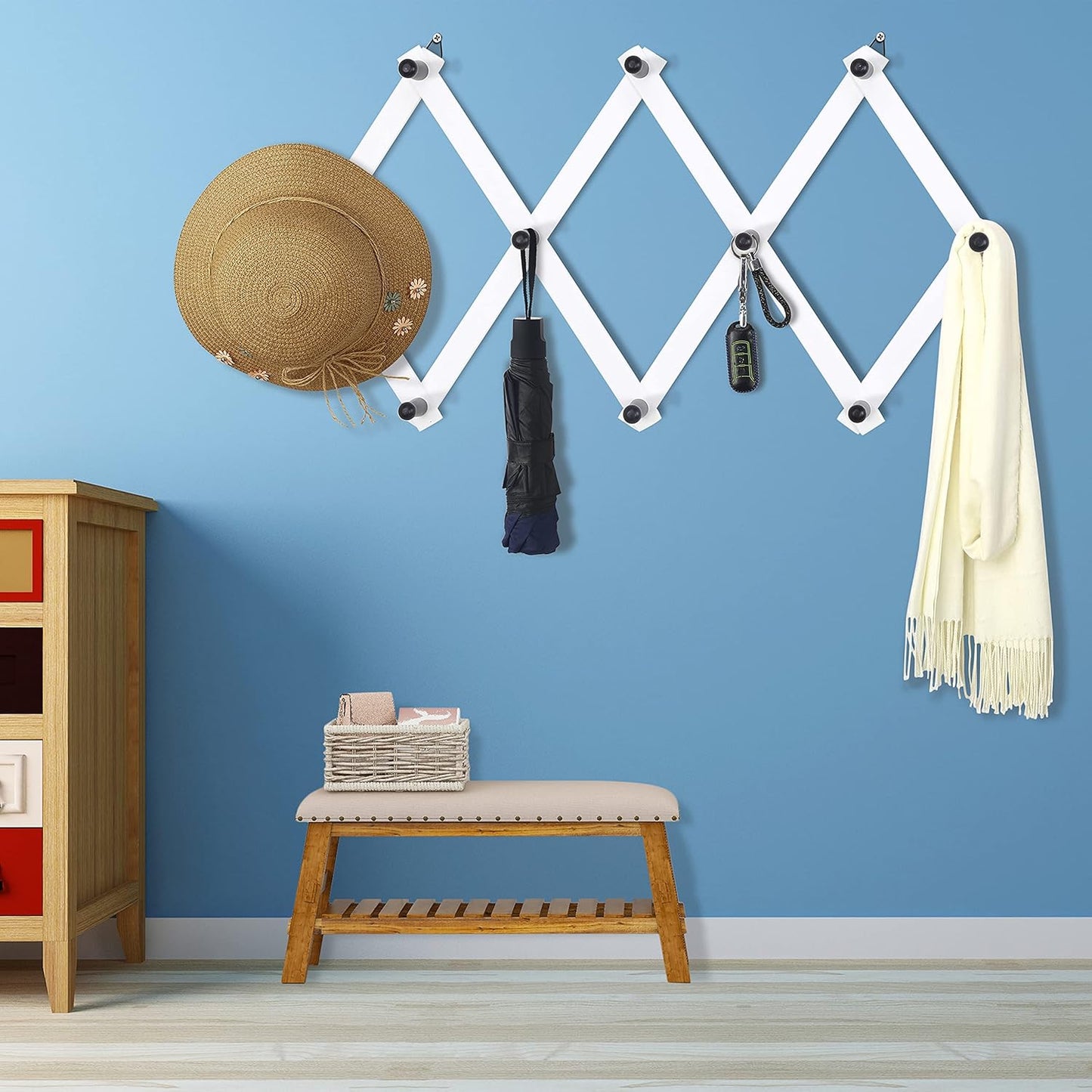 Dseap Accordian Wall Hanger: 16” High Wooden Wall Expandable Coat Rack, Hat Rack Holder, Accordion Hook for Baseball Caps, Coats, Mugs, 10 Peg Hooks, White & Black
