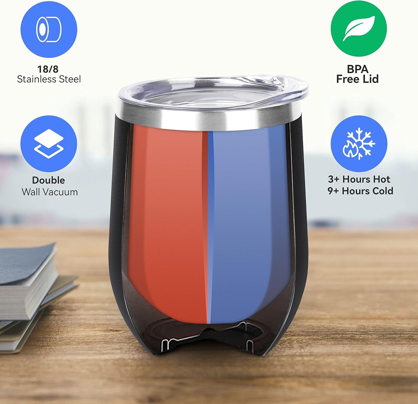 DOMICARE Stainless Steel Wine Tumbler Bulk with Lid, Personalized Insulated Tumblers Set, 12oz Travel Coffee Cups Pack of 12, Black