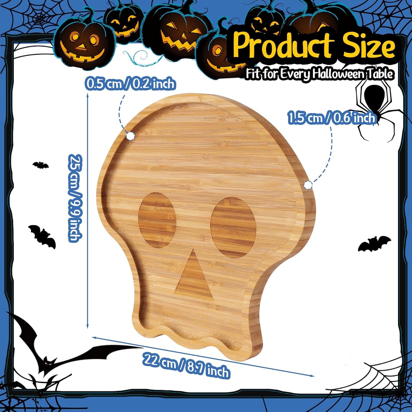 TJ POP Halloween Skull Serving Platter - 10” x 9” Skull Shaped Bamboo Serving Tray, Cute Wooden Charcuterie Board, Spooky Halloween Snack Dessert Candy Dish Plate for Party, Kitchen, Dining Decor