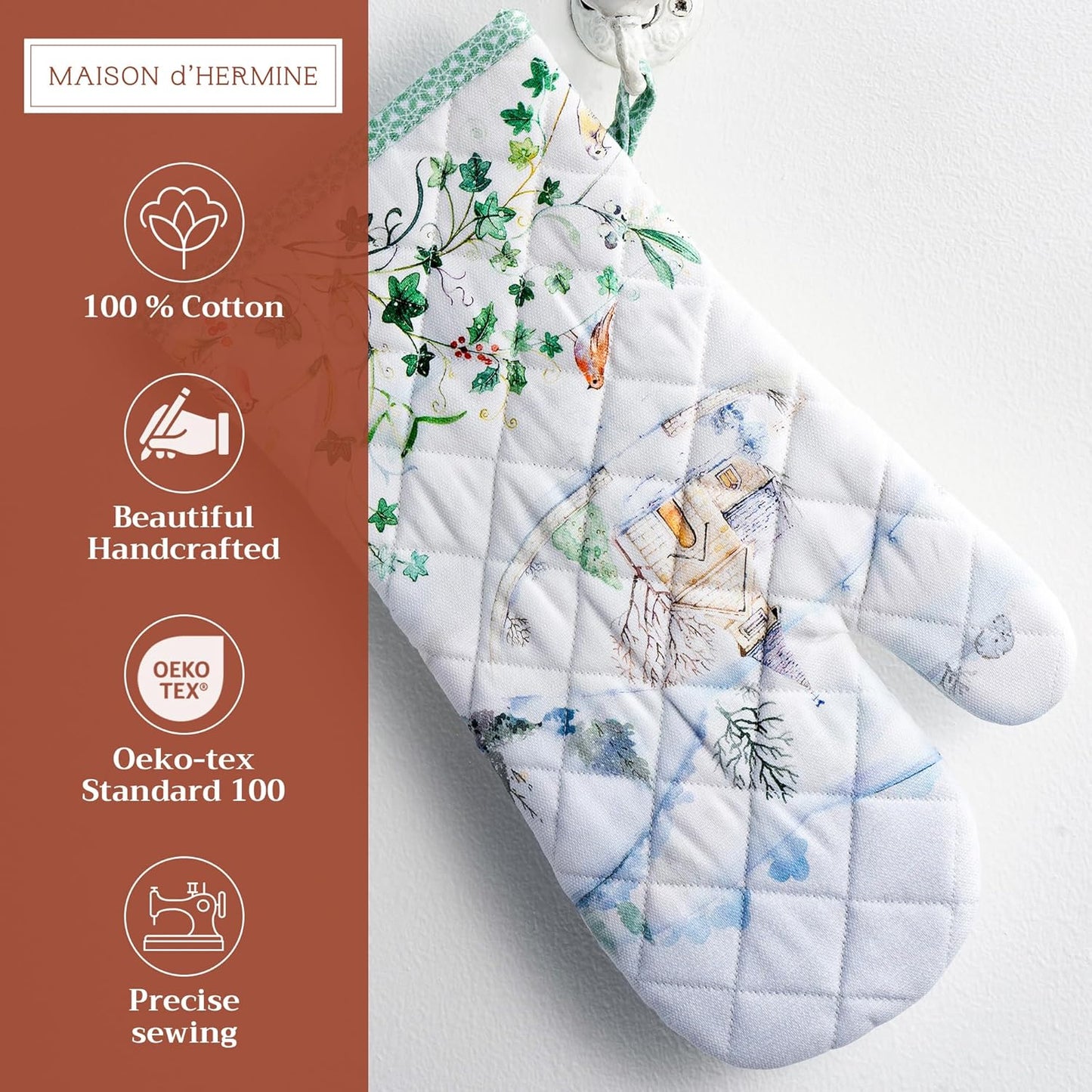 Maison d' Hermine Oven Gloves 100% Cotton Oven Mitt 7" x 13" with Loop Heat Resistant, BBQ, Cooking Gloves, Baking, Grilling, Kitchen, Handling Hot Pans (Pack of 1, Snowy World)