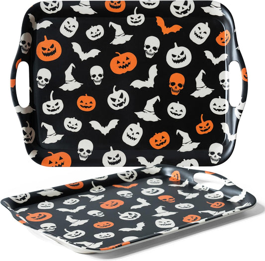 Oasis Choice 2-Pack Halloween Bamboo Fiber Serving Trays - 18x13 Inch Large Platters w/Handles for Horror Party, Birthday,BBQ, Buffet - Pumpkin, Bat & Skeleton Decor (Spooky Black, 18inch)