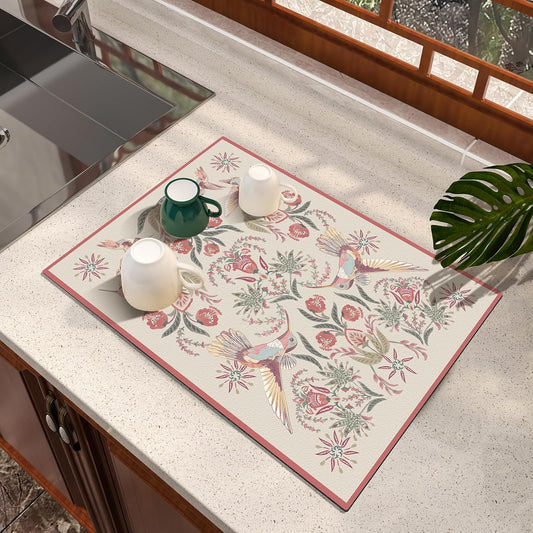 Dish Drying Mat, Absorbent Coffee Mat Rubber Backed, Soft Silicone Dish Drying Mat for Kitchen Counter or Sink for Kitchen Bathroom Coffee Bar (Birds and Flowers, 12 x 16 Inches)