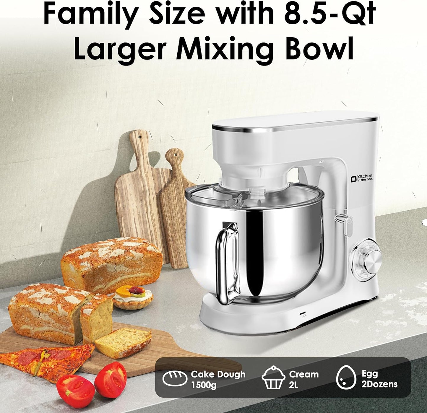 Kitchen in the Box Stand Mixer, 900W 8.5 QT Kitchen Electric Mixer, 10-Speed Large Capacity Tilt-head Food Mixer with Dough Hook, Wire Whip, Flat Beater & Splash Guard (White)
