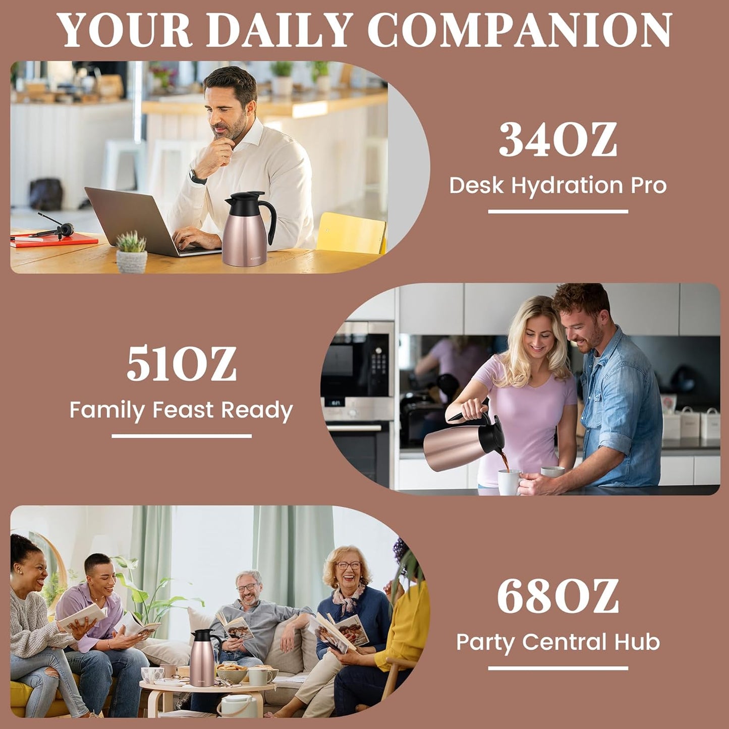 51 Oz Thermal Coffee Carafe, Stainless Steel Insulated Vacuum coffee crafts to keep coffee hot, 1.5 Liter Tea Water Coffee and Beverage Dispenser (Copper)