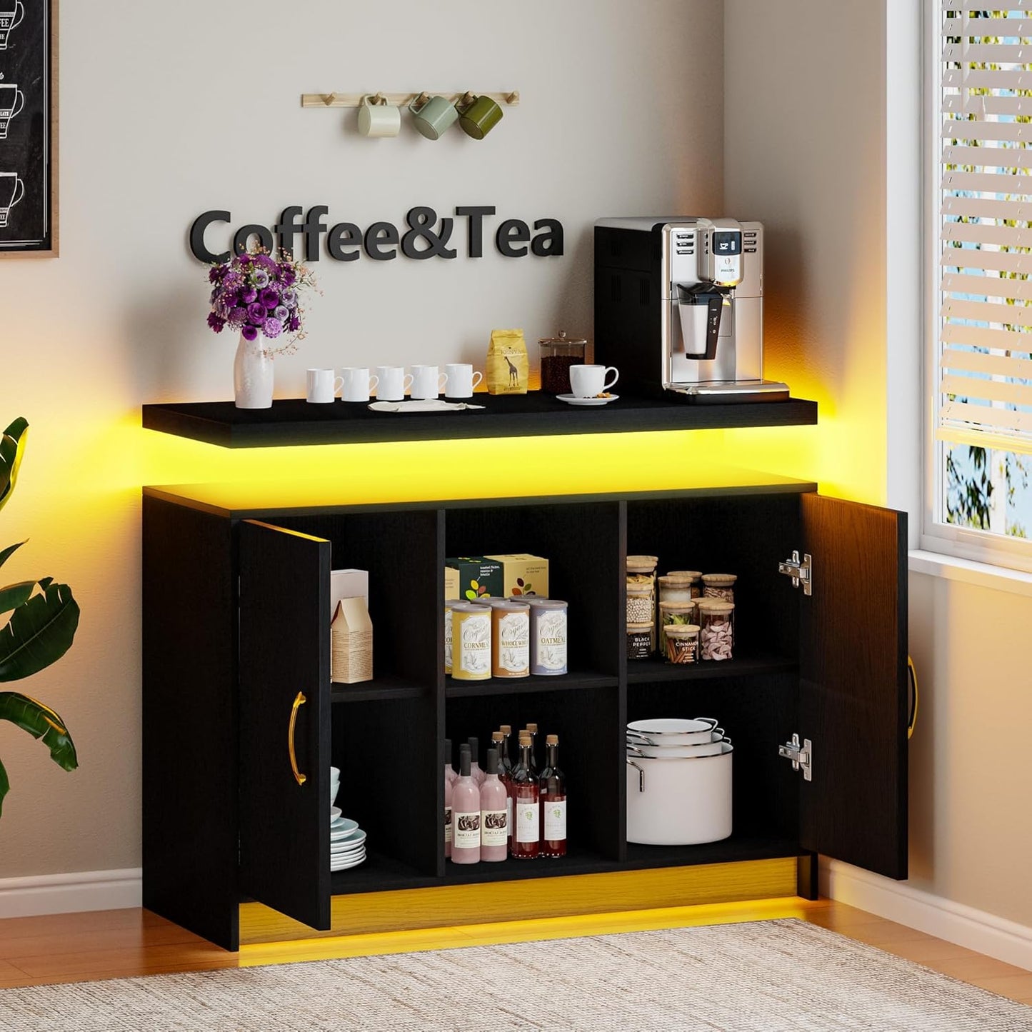 4 EVER WINNER LED Coffee Bar Cabinet, Sideboard Buffet Cabinets with Storage, Modern Cabinet with Charging Station, Black Coffee Bar for Kitchen, Dining Room