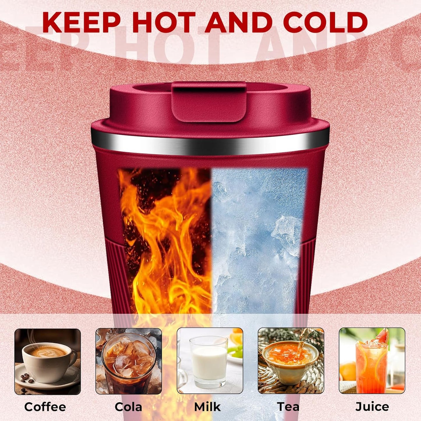 Insulated Coffee Tumbler 12 oz, Stainless Steel Coffee Mug with Lids, Travel Coffee Mug Leak Proof, Double Wall Vacuum Insulated Reusable Iced Coffee Cup, Keep Drinks Hot and Cold (Red, 17 Ounces)