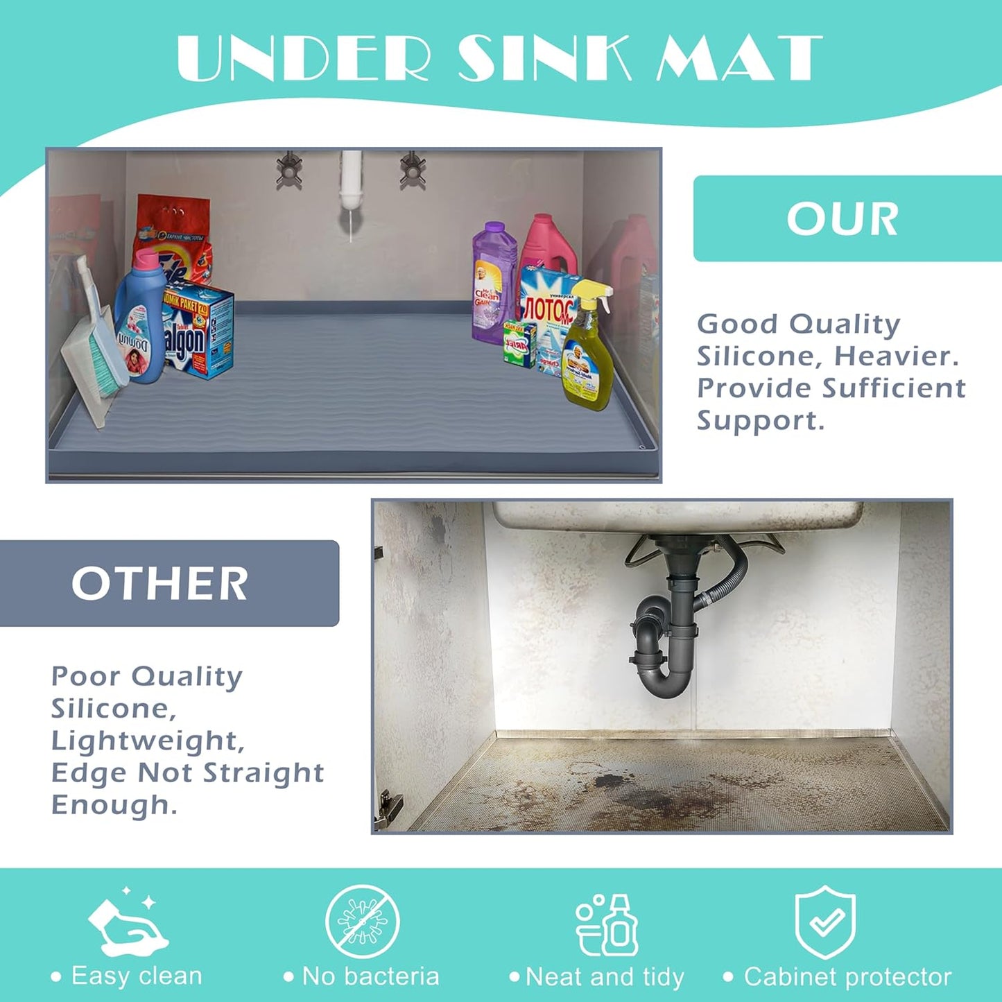 URMONA Waterproof Silicone Under Sink Mat 28'' x 19'' Shelf Liner for Kitchen and Bathroom, Cabinet and Counter Protector, Storage and Organizers, Litter Mat, Pet Cat Puppy Essentials(Black)