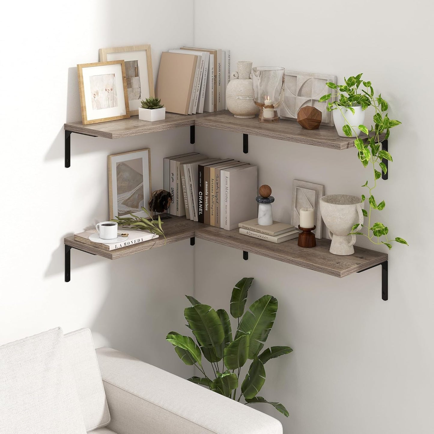 Fun Memories Deep Floating Shelves, 24W x 8D Floating Shelves Set of 2, Wall Mounted Shelf with Metal Brackets, Rustic Wood Wall Shelf for Bathroom, Kitchen and Living Room, Grey