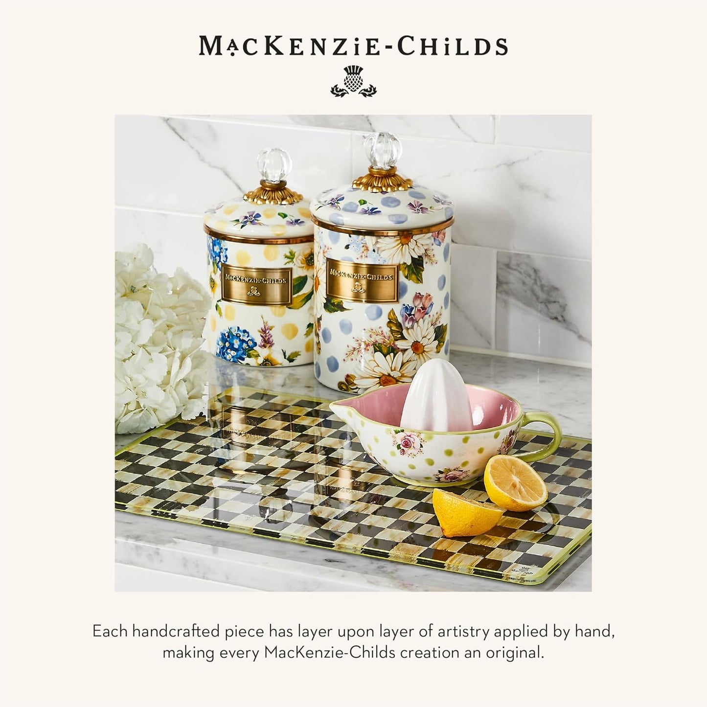 MACKENZIE-CHILDS Wildflowers Enamel Canister, Floral Kitchen Storage Container with Lid, Small