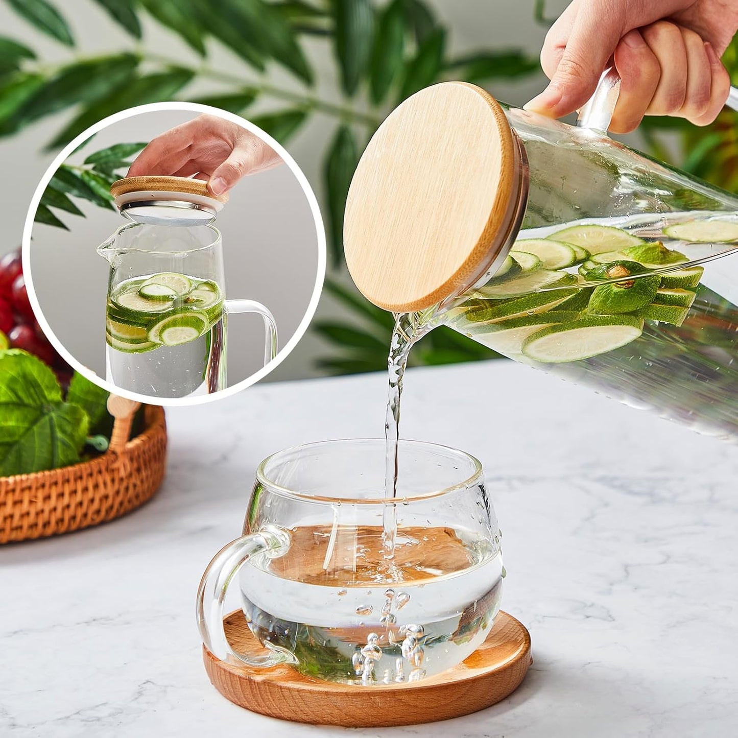 Hsei 2 Sets Glass Pitcher with Lid, 50 oz / 1500 ml Water Carafe with Handles Hot Cold Beverage Water Jar Glass Jug for Tea Juice Milk Coffee Iced Beverage