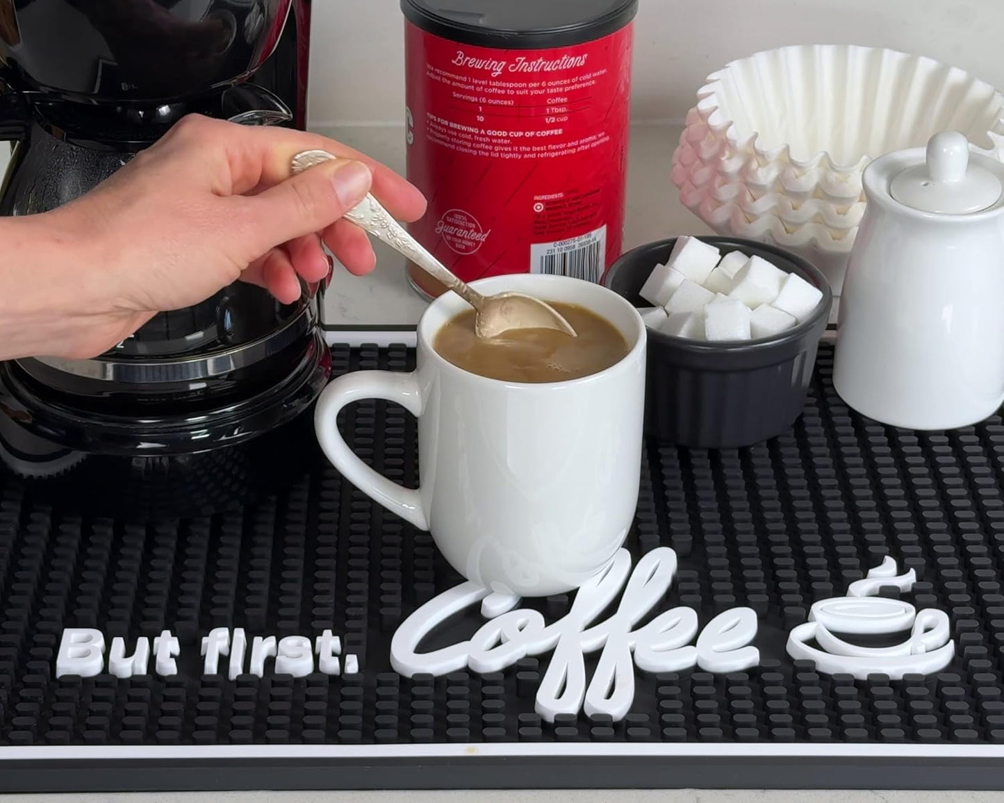 But First Coffee Mat for Countertop, Rubber Bar Mat and Coffee Bar Sign 18 x 12 in, Kitchen Accessories for Countertop, Bar Mats for Bartending