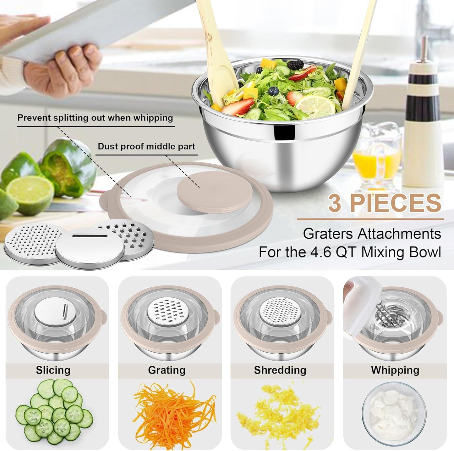 E-far Mixing Bowls with Lids and Graters, Stainless Steel Salad Mixing Bowl with Transparent Lid Set of 3, Metal Nesting Salad Storage for Kitchen Prepping/Serving/Baking, 4.6/2.6/1.5QT - Khaki