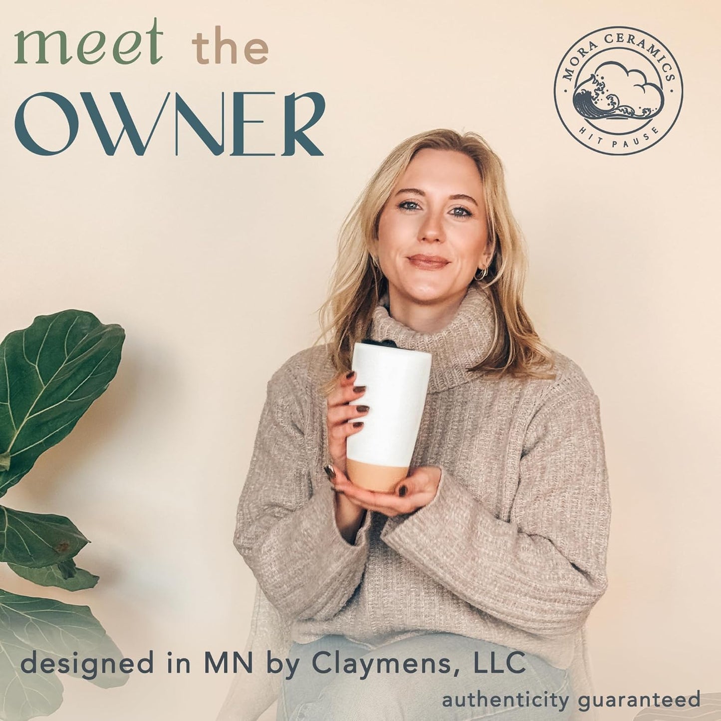 Mora Double Wall Ceramic Coffee Travel Mug with Lid, 14 oz, Portable, Microwave, Dishwasher Safe, Insulated Reusable Tall Cup, Splash Resistant Lid - To Go Tumbler for Car Cup Holder, Cotton White