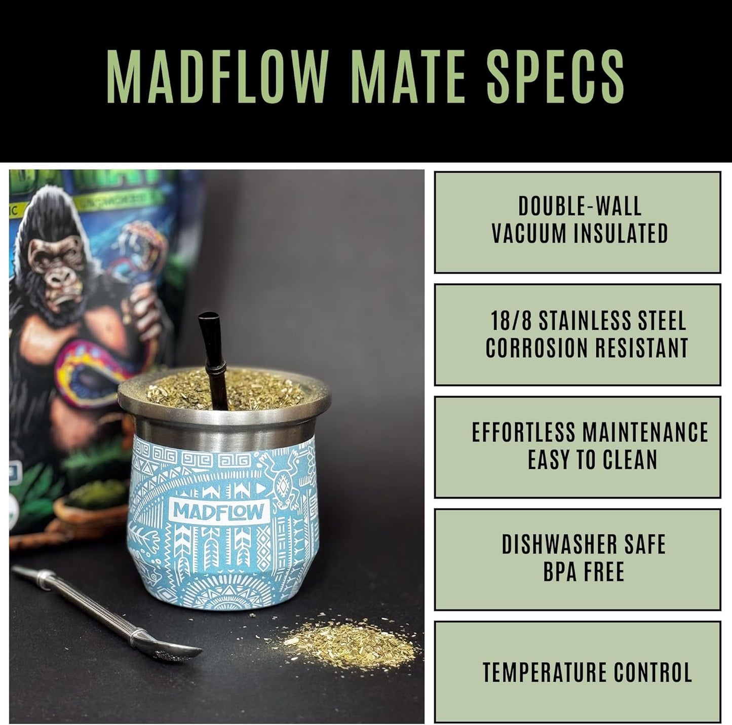 MADFLOW Yerba Mate Cup. Stainless Steel Mate Cup with 2 Bombillas. Double Wall Vacuum Insulated Yerba Mate Gourd. Unique Mate Cup And Bombilla Set
