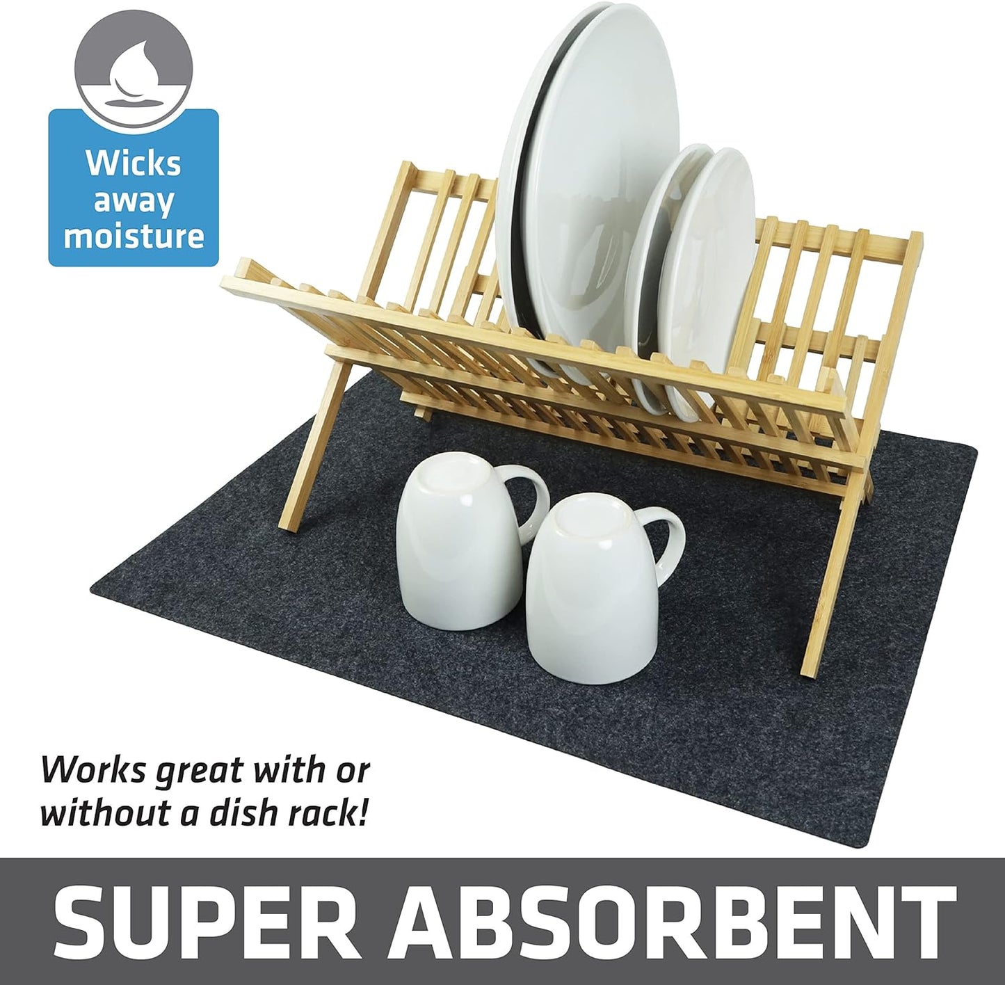 Drymate XL Dish Drying Mat, Oversized (19”x24”), Low-Profile, Super Absorbent, Quick Dry Fabric, Waterproof & Slip-Resistant, for Kitchen Counter, Trimmable, Easy to Clean (USA Made)(Charcoal)