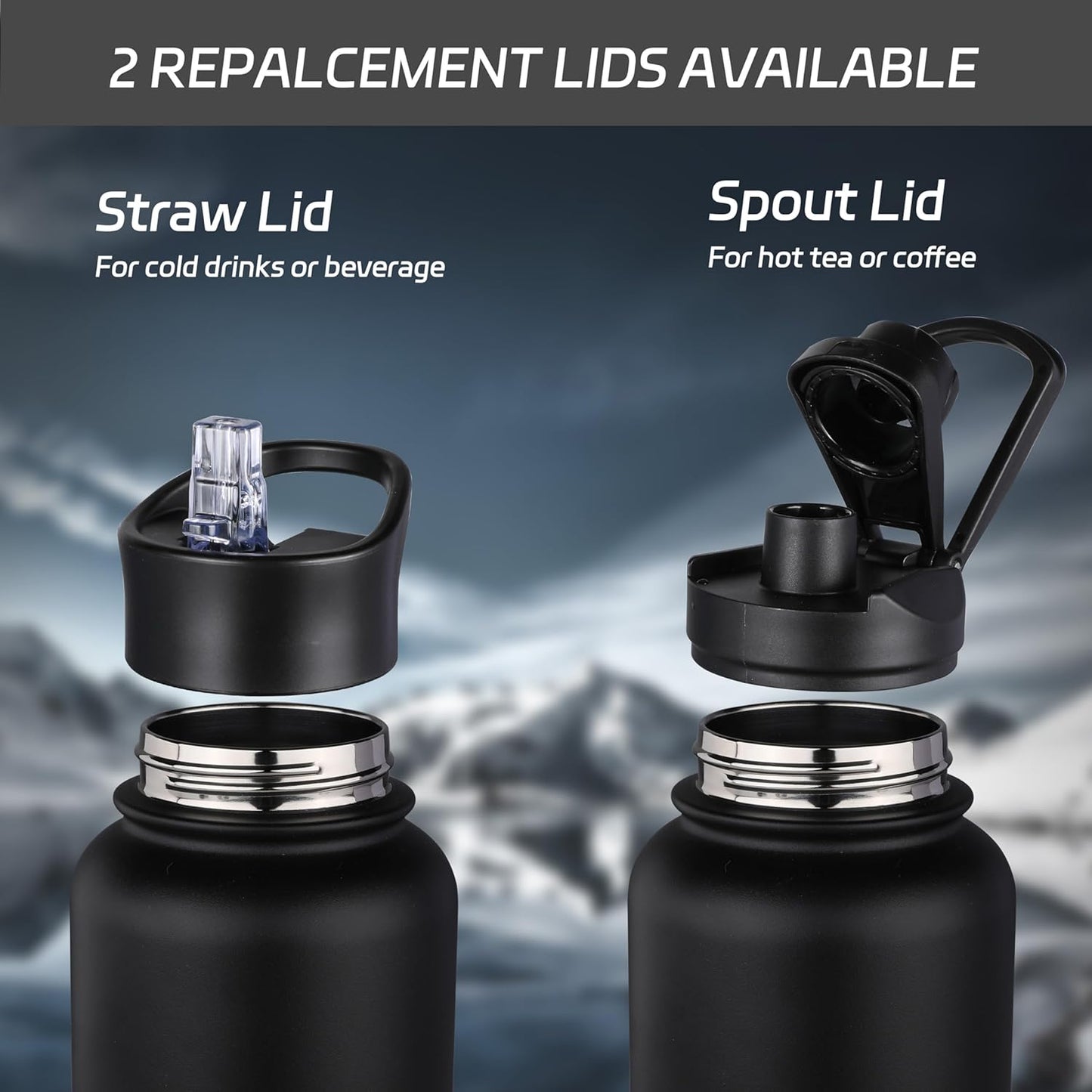 HASLE OUTFITTERS 40oz Stainless Steel Water Bottle, Vacuum Insulated Double Walled Leak Proof Sports Water Bottle with 2 Lids (Straw and Spout Lid) Thermo Mug Keep Cold and Hot(Black,4)