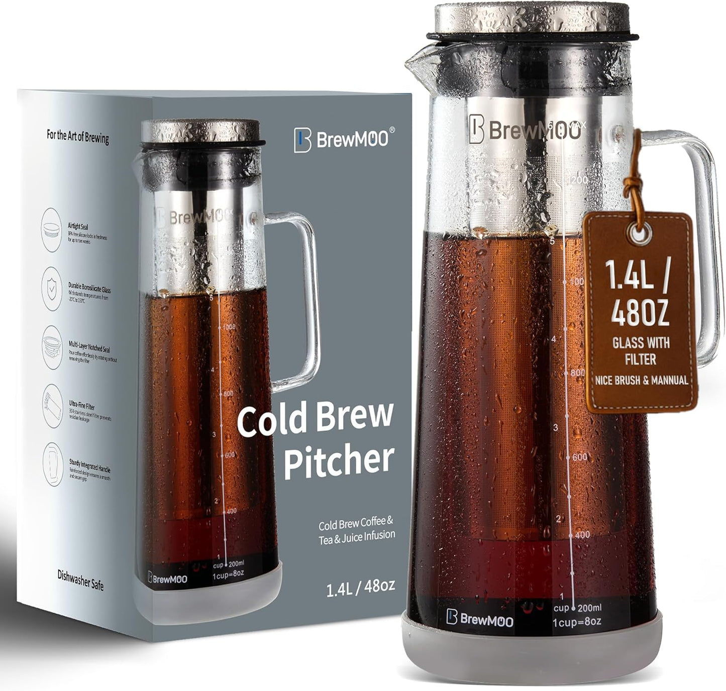 BrewMOO- Airtight Cold Brew Coffee Maker Pitcher, 1.4L/48Oz Thick Glass Carafe with Filter, Comfort Sturdy Handle & Wide Spout, Non-Slip Base | Iced Tea Maker (Grey)