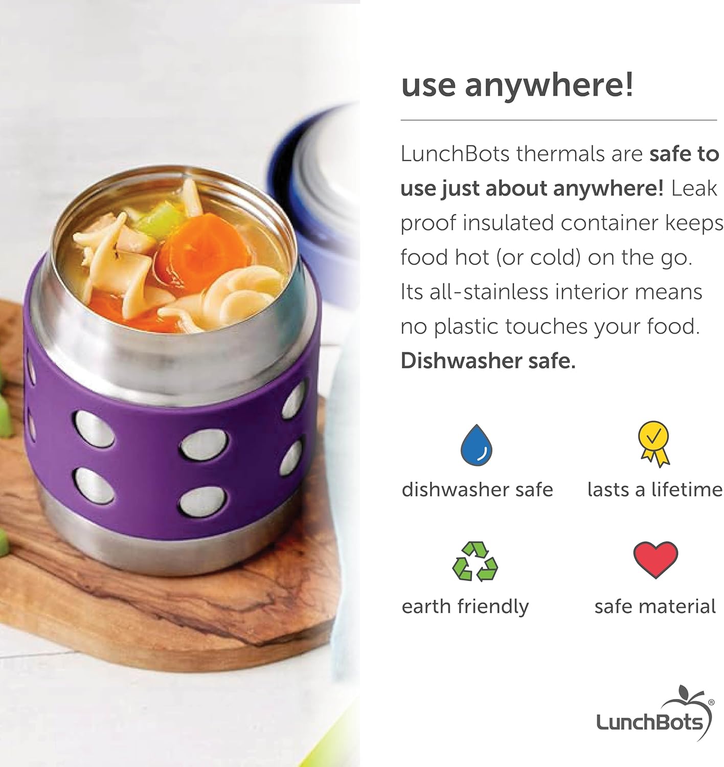 LunchBots Thermal 8 oz Triple Insulated Thermos - Hot 6 Hours or Cold 12 Hours - Leak Proof Thermos Soup Jar - All Stainless Interior - Navy Lid - Purple Dots